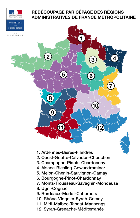 Redécoupage par cépage des régions administratives de France métropolitaine